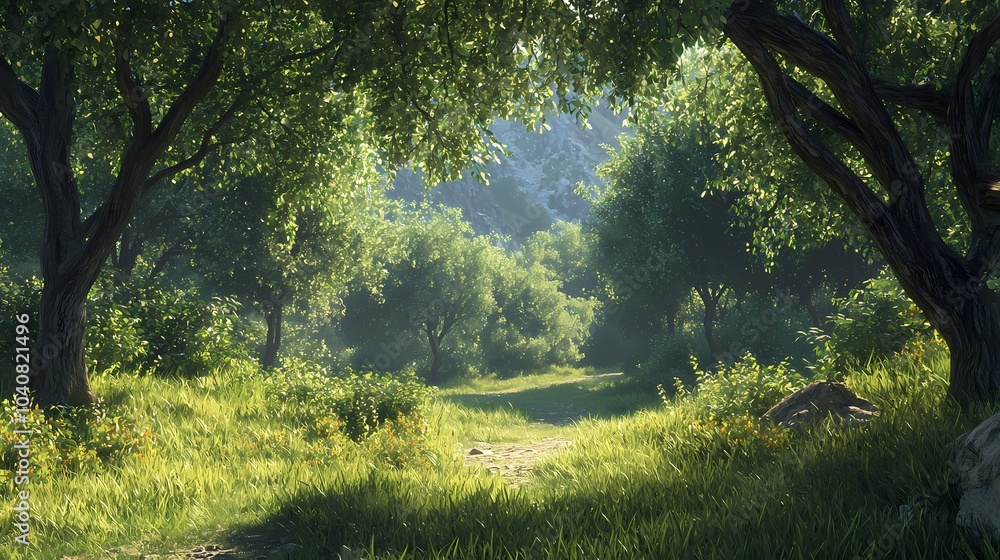 Obraz premium Sunlit Path Through a Verdant Forest