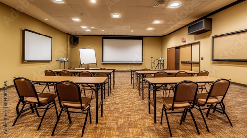 Empty conference room with chairs and tables, projector, whiteboard, and a large screen.