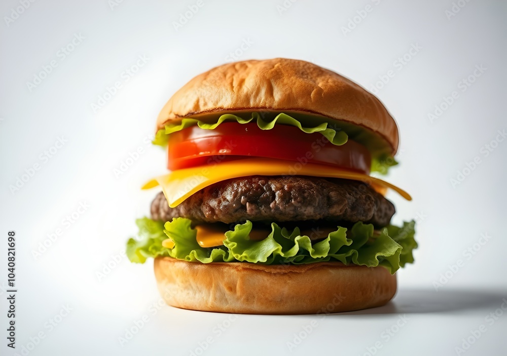 Fresh hamburger with lettuce, tomato, and cheese, isolated on white background Fresh hamburger with lettuce, tomato, and cheese, isolated on white background