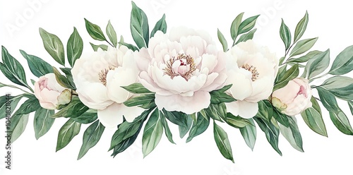 Fototapeta Naklejka Na Ścianę i Meble -  Watercolor painting of a floral arrangement with white peonies and green leaves on a white background.