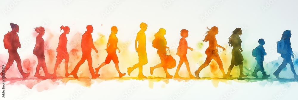 A group of diverse people of varying ages and body types, moving together towards a shared goal A group of diverse people of varying ages and body types, moving together towards a shared goal