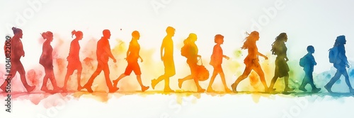 A group of diverse people of varying ages and body types, moving together towards a shared goal