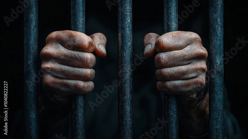 Close-up of two hands tightly gripping black metal prison bars in a dark setting, representing captivity, imprisonment, and restriction.