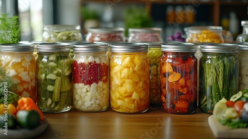 A variety of jars filled with pickled vegetables and fruits, showcasing the different types of indoor canning