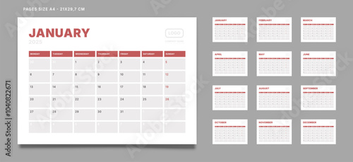 Set of 12 Pages Monthly Calendar Planner Templates on 2025 year. Vector mockup of a wall or desktop calendar with the week start on Monday for print. Pages size A4 -21x29.7cm