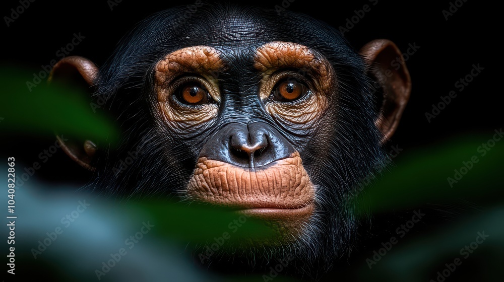 Close-up of a chimpanzee face with expressive eyes in a dark, natural setting Close-up of a chimpanzee face with expressive eyes in a dark, natural setting