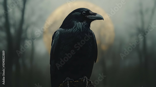 Black Raven in the Mist, Realistic Image photo