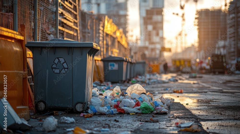 Fototapeta premium Modern Street with Trash Cans at Sunset