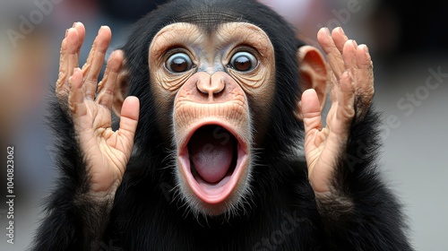 Chimpanzee with wide-open mouth in a playful expression photo