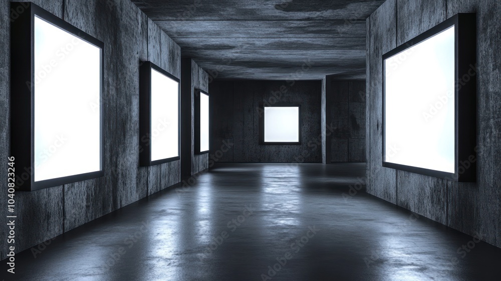 Dark concrete hallway with glowing square frames on the walls.