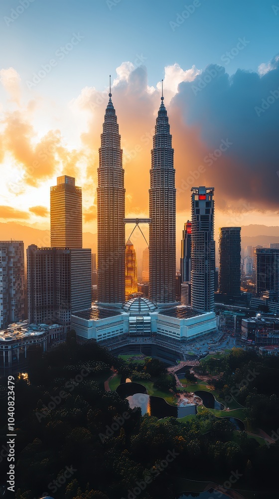 Fototapeta premium Petronas Towers in Kuala Lumpur at sunrise with a city skyline