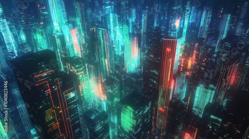 A futuristic cityscape with glowing neon lights and skyscrapers.