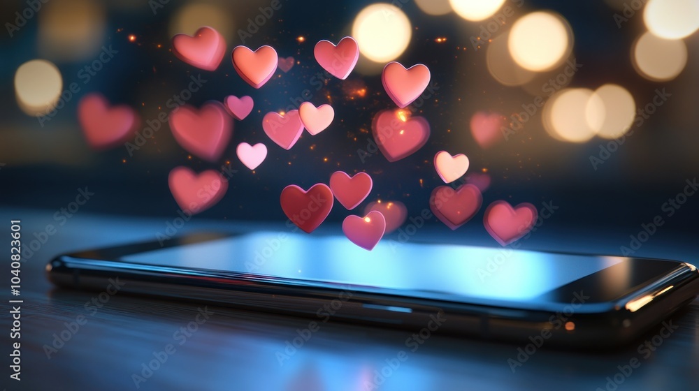 A smartphone with glowing pink hearts flying above it on a wooden surface. A smartphone with glowing pink hearts flying above it on a wooden surface.