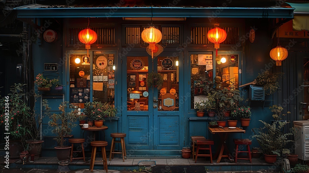 Charming Blue Shop Front with Lanterns in a City Street Charming Blue Shop Front with Lanterns in a City Street