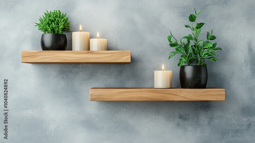 3D floating bathroom shelves with wood finish, holding candles and small plants, floating shelves, modern decor 3D floating bathroom shelves with wood finish, holding candles and small plants, floating shelves, modern decor