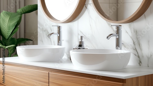 3D double vanity sink with marble countertop and chrome faucets, bathroom vanity, elegant design