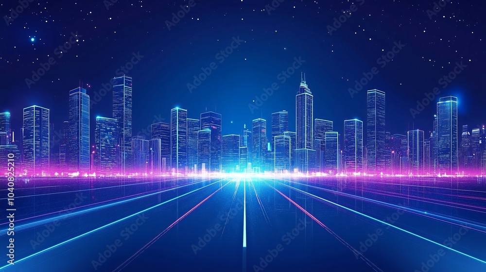 Neon cityscape with glowing roads under a starry sky. Neon cityscape with glowing roads under a starry sky.