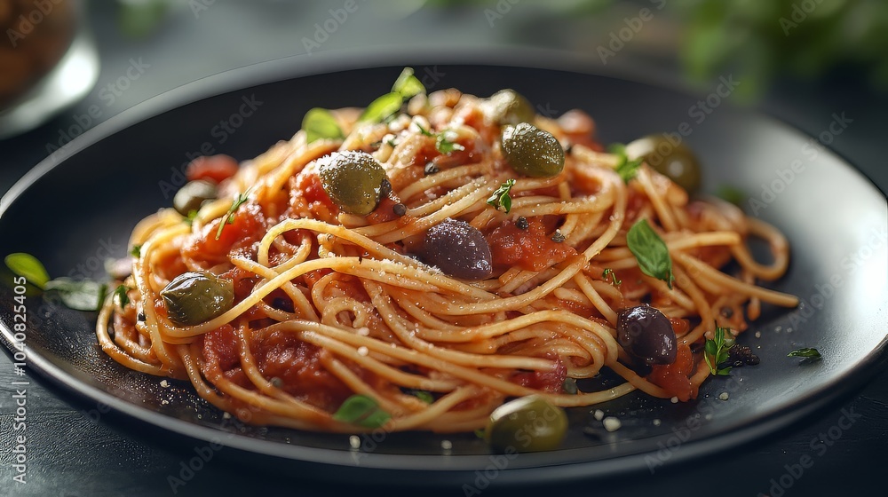 Pasta alla puttanesca with capers and olives on dark plate. Dark plate with italian foods. Ultra realistic. Photorealistic Pasta alla puttanesca with capers and olives on dark plate. Dark plate with italian foods. Ultra realistic. Photorealistic