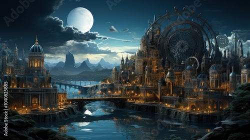 Fantasy Cityscape Under a Full Moon