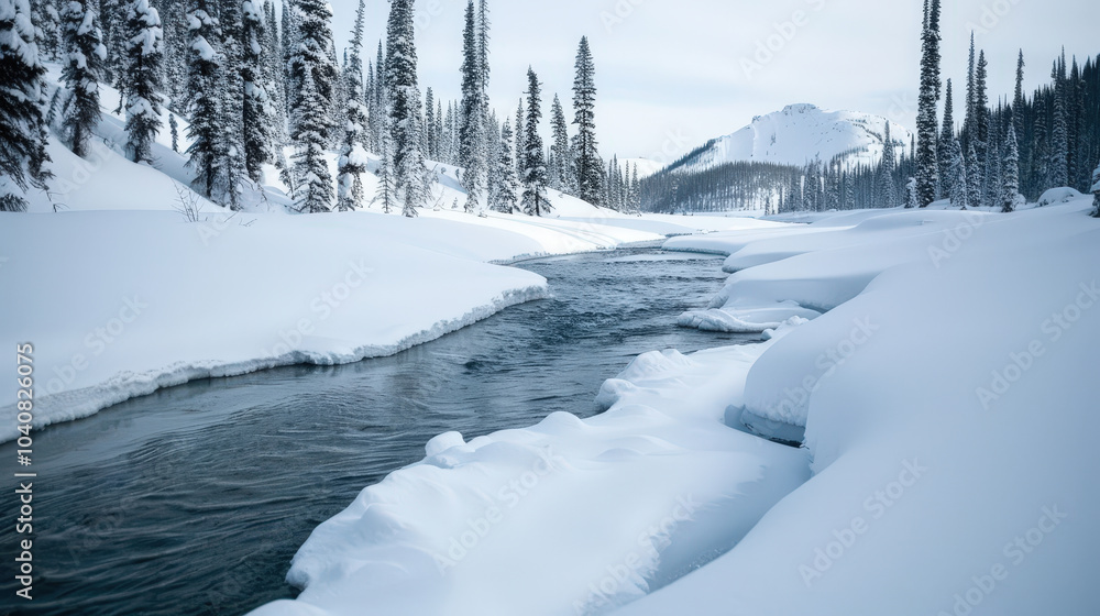 serene winter landscape featuring flowing icy mountain stream surrounded by snow covered terrain and tall evergreen trees. tranquil scene evokes sense of peace and natural beauty serene winter landscape featuring flowing icy mountain stream surrounded by snow covered terrain and tall evergreen trees. tranquil scene evokes sense of peace and natural beauty