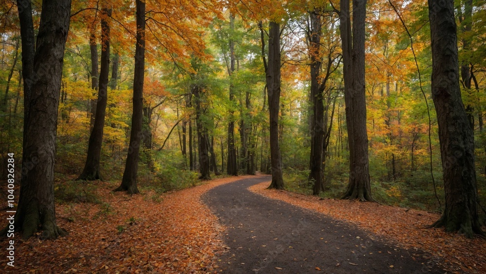 Fototapeta premium Autumn path through forest trees with fall leaf color and leaves on the ground
