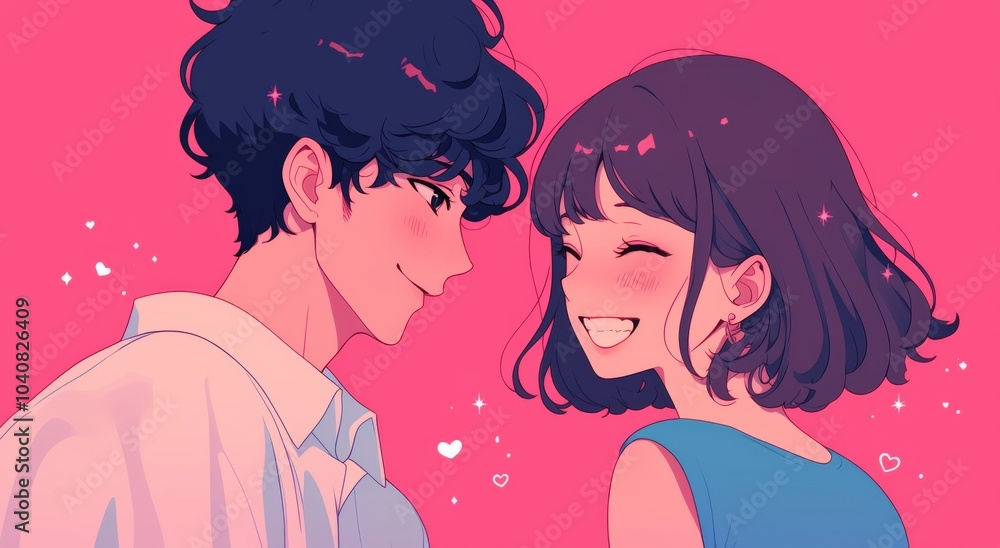Cute Cartoon Couple Smiling Happily at Each Other Against a Pink Background with Heart-Shaped Light Effects: A Romantic Illustration in Flat Style with Simple Lines and Bright Colors. Cute Cartoon Couple Smiling Happily at Each Other Against a Pink Background with Heart-Shaped Light Effects: A Romantic Illustration in Flat Style with Simple Lines and Bright Colors.