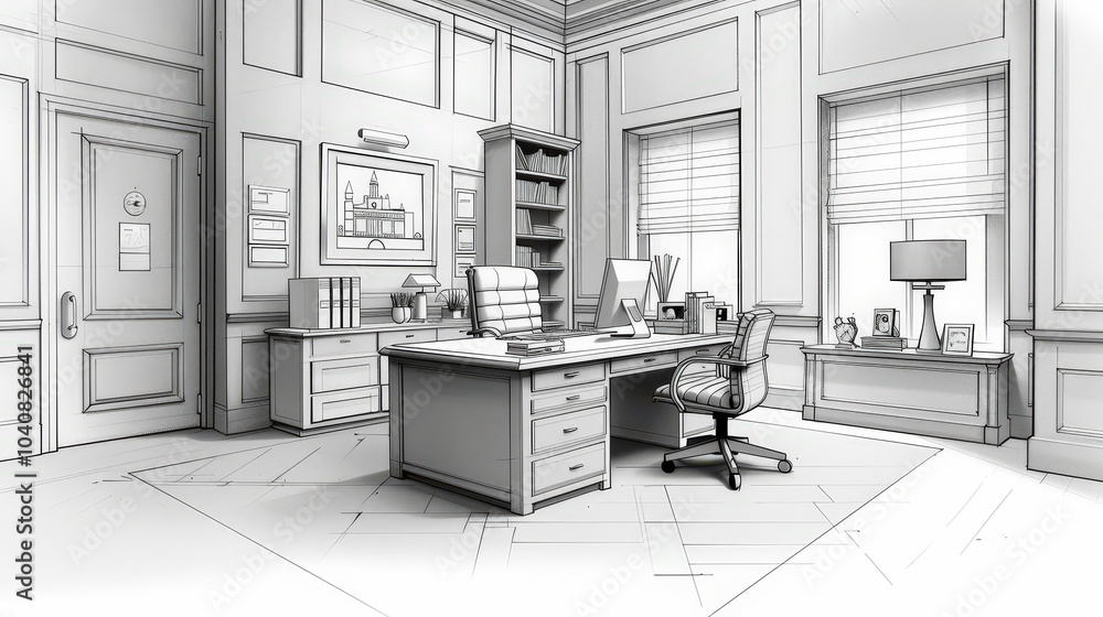 black and white sketch of clinic office featuring large desk, chair, and shelves, creating professional and organized atmosphere black and white sketch of clinic office featuring large desk, chair, and shelves, creating professional and organized atmosphere