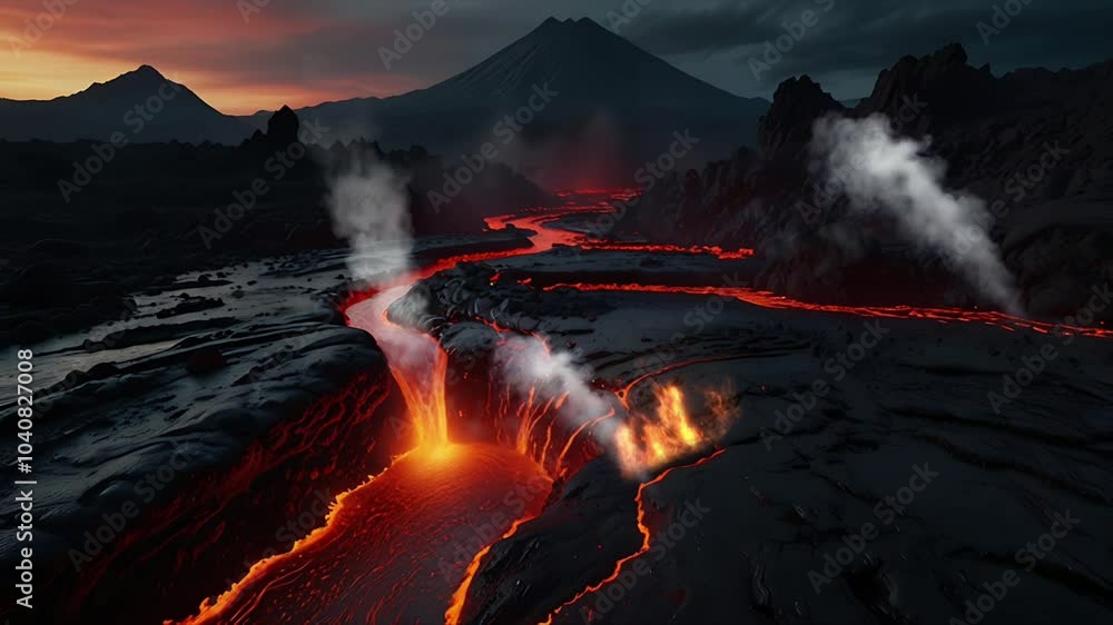 A hot lava is burning in a volcano. Seamless 4K looping timelapse video animation background A hot lava is burning in a volcano. Seamless 4K looping timelapse video animation background