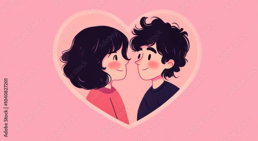 Adorable Cartoon Couple Smiling Within a Heart Frame: A Girl with Short Hair and a Boy with Long Curly Hair Against a Pink Background in a Romantic, Pastel-Toned Aesthetic. Adorable Cartoon Couple Smiling Within a Heart Frame: A Girl with Short Hair and a Boy with Long Curly Hair Against a Pink Background in a Romantic, Pastel-Toned Aesthetic.