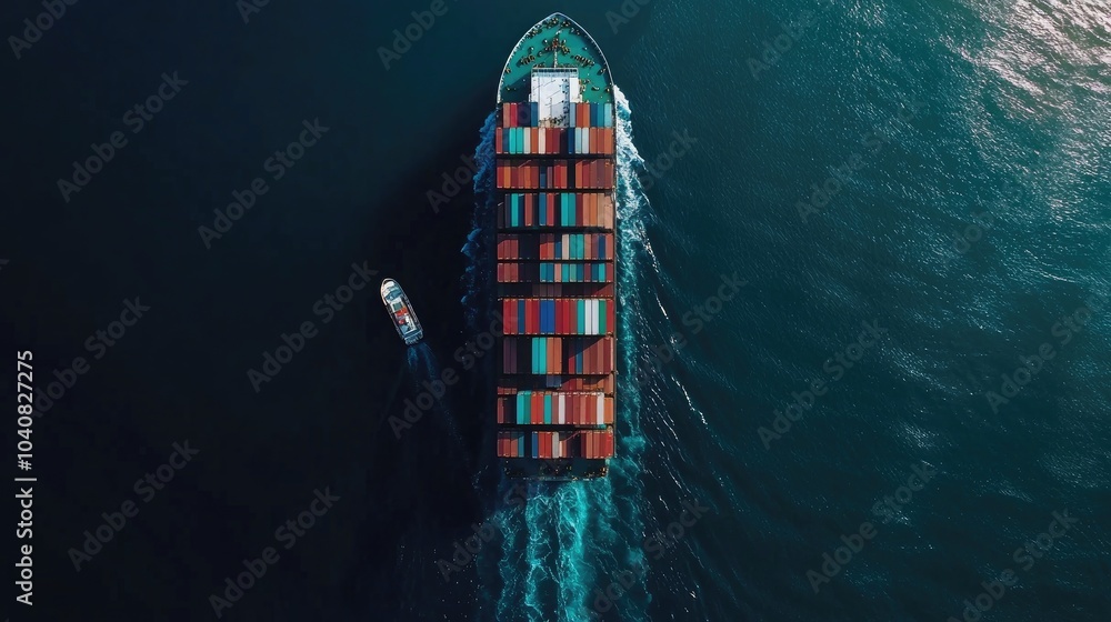 Aerial View of Cargo Ship with Containers at Sea Aerial View of Cargo Ship with Containers at Sea