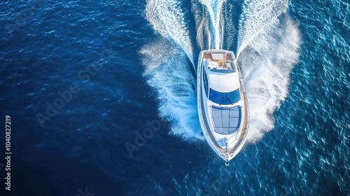 Aerial View of Powerboat Gliding Through Blue Waters