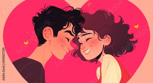 Adorable Cartoon Couple Smiling Within a Heart Frame: A Girl with Short Hair and a Boy with Long Curly Hair Against a Pink Background in a Romantic, Pastel-Toned Aesthetic.