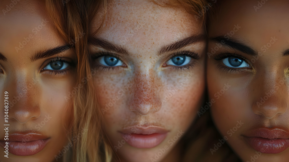 Closeup Portrait of Three Women with Blue Eyes and Freckles - Realistic Illustration Closeup Portrait of Three Women with Blue Eyes and Freckles - Realistic Illustration