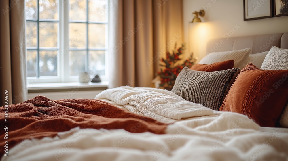 Preparing a cozy guest room for winter holidays, warm blankets, holiday-themed pillows, and welcoming decor. Winter holiday preparation, hospitality concept. Preparing a cozy guest room for winter holidays, warm blankets, holiday-themed pillows, and welcoming decor. Winter holiday preparation, hospitality concept.