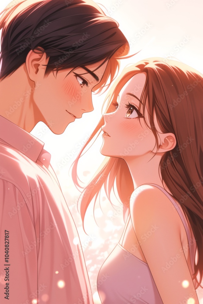 Cute Couple in Love: Bright Pink and White Color Scheme with a Happy Emotional Expression in Anime Style, Featuring a Girl in a Light Purple Dress and a Boy in a Shirt Against a Pink Sky. Cute Couple in Love: Bright Pink and White Color Scheme with a Happy Emotional Expression in Anime Style, Featuring a Girl in a Light Purple Dress and a Boy in a Shirt Against a Pink Sky.