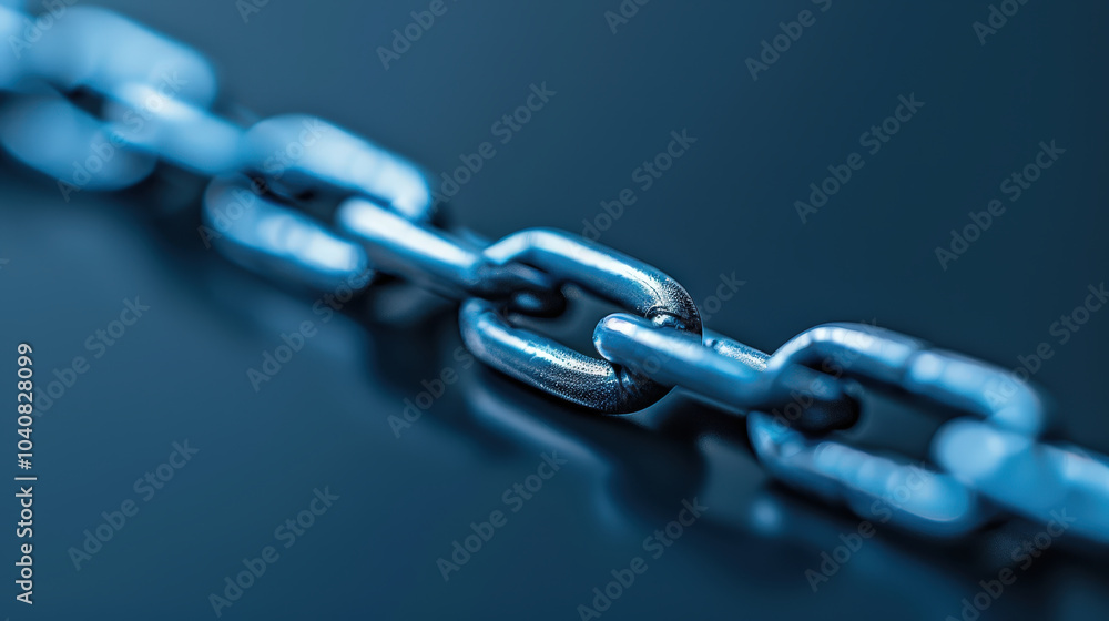 Obraz premium close up view of metallic blue chain link, showcasing its intricate details and smooth surface. image highlights strength and connectivity of chain, evoking sense of durability and reliability
