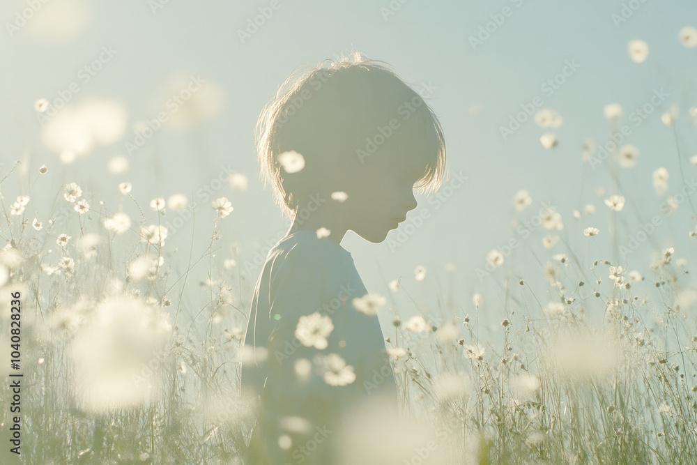 Φωτογραφία A young boy stands in a field of flowers, looking up at the sky