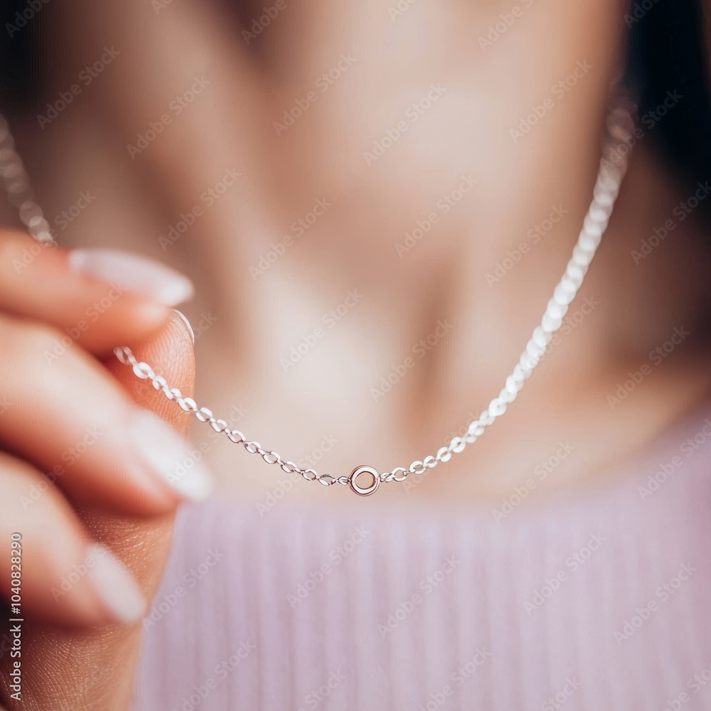 Delicate Silver Necklace Close-Up on Hand Delicate Silver Necklace Close-Up on Hand
