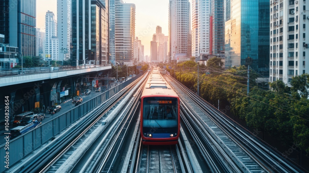 Fototapeta premium A red train travels through a modern city center at sunrise, with tall buildings on either side of the tracks.