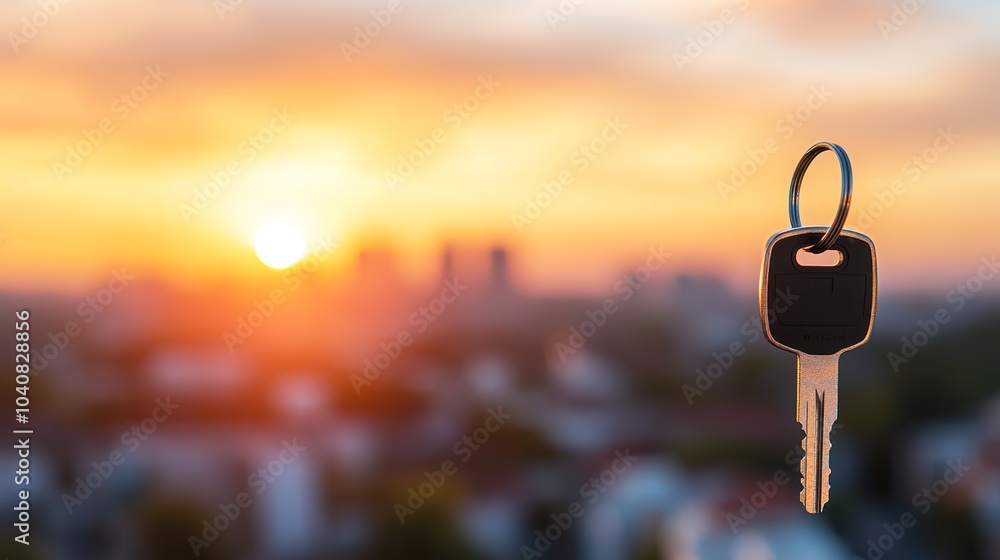 Golden hour key, breathtaking sunset view through a window with dangling car key Golden hour key, breathtaking sunset view through a window with dangling car key