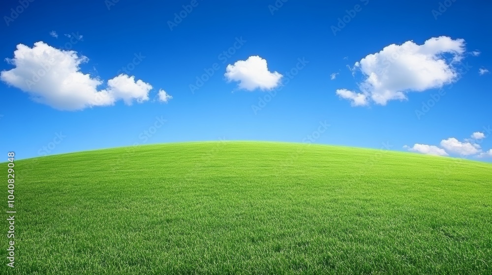 Idyllic landscape, lush green grass field under a blue sky with fluffy white clouds Idyllic landscape, lush green grass field under a blue sky with fluffy white clouds