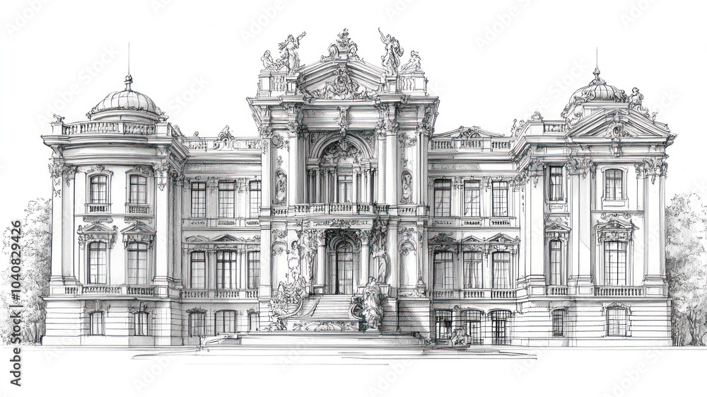 Architectural illustration of an ornate building facade. Architectural illustration of an ornate building facade.