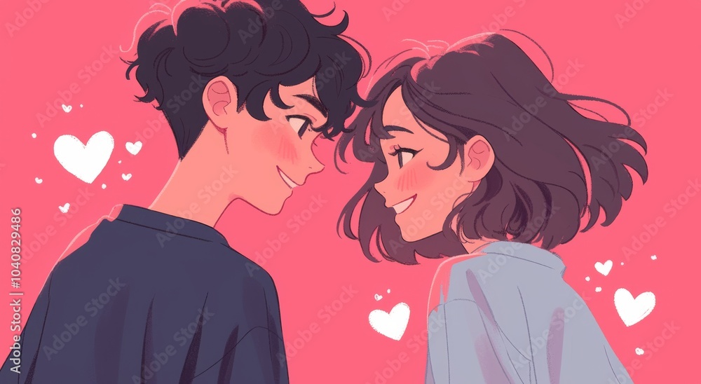 Cute Couple Smiling at Each Other with Heart-Shaped Shadows on a Pink Background, Featuring a Girl in Blue Pajamas and a Boy in Black Jeans, Illustrated in Soft Pastel Colors. Cute Couple Smiling at Each Other with Heart-Shaped Shadows on a Pink Background, Featuring a Girl in Blue Pajamas and a Boy in Black Jeans, Illustrated in Soft Pastel Colors.