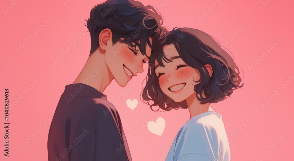 Cute Couple Smiling at Each Other with Heart-Shaped Shadows on a Pink Background, Featuring a Girl in Blue Pajamas and a Boy in Black Jeans, Illustrated in Soft Pastel Colors. Cute Couple Smiling at Each Other with Heart-Shaped Shadows on a Pink Background, Featuring a Girl in Blue Pajamas and a Boy in Black Jeans, Illustrated in Soft Pastel Colors.