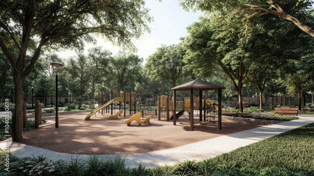 A children's playground with slides, swings, and climbing structures in a wooded area. A children's playground with slides, swings, and climbing structures in a wooded area.