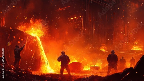 Workers in a steel mill watch molten metal being poured.