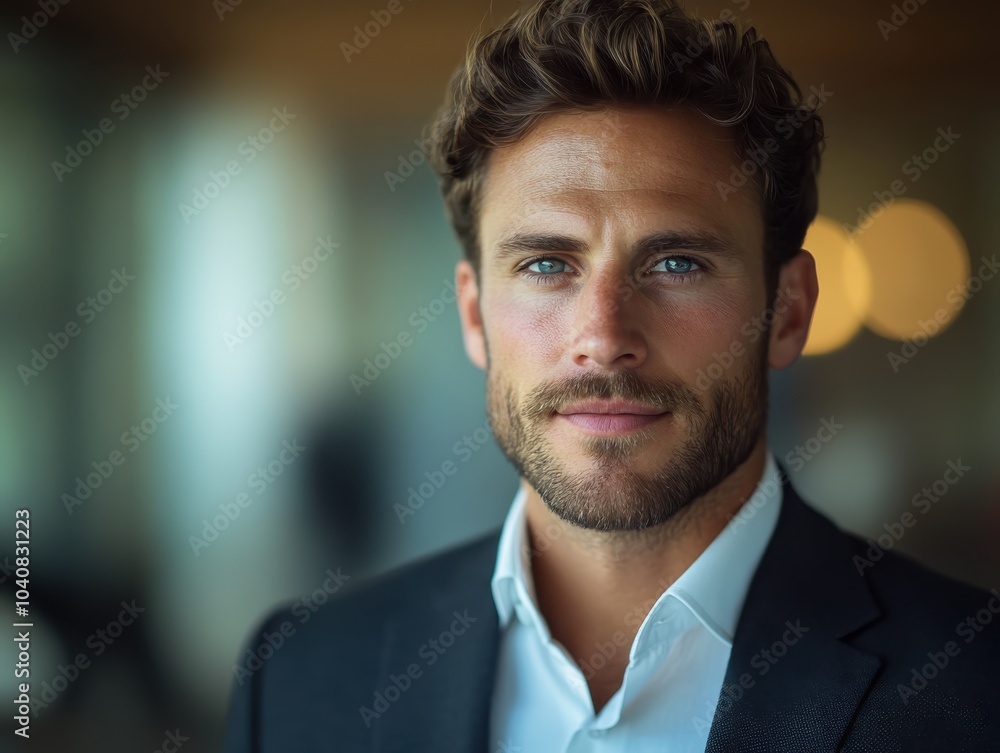 Confident young man in a suit with a charming smile and a blurred background. Confident young man in a suit with a charming smile and a blurred background.