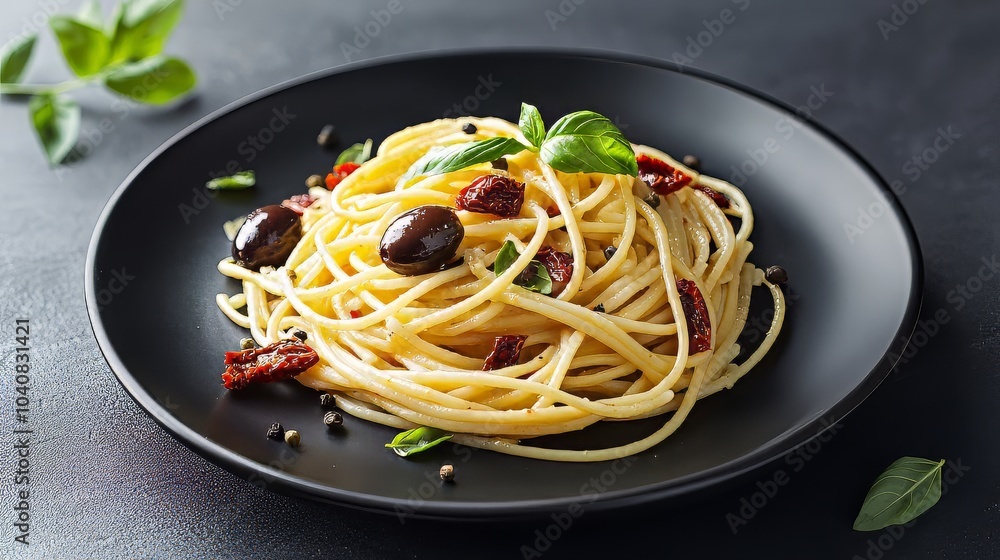 Pasta with olives and sun-dried tomatoes on dark plate. Dark plate with italian foods. Ultra realistic. Photorealistic Pasta with olives and sun-dried tomatoes on dark plate. Dark plate with italian foods. Ultra realistic. Photorealistic