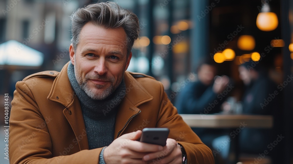 Smiling man in a brown coat using a smartphone in a cozy cafe setting. Smiling man in a brown coat using a smartphone in a cozy cafe setting.
