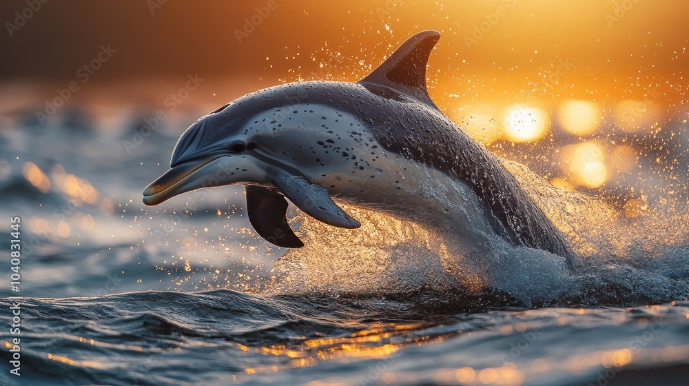Fototapeta premium Dolphin leaping gracefully over water at sunset.